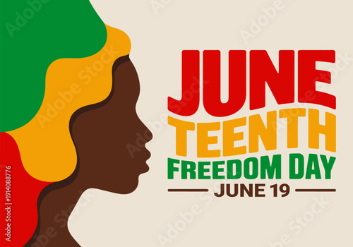 Juneteenth Freedom Day background with Afro silhouette and colorful typography