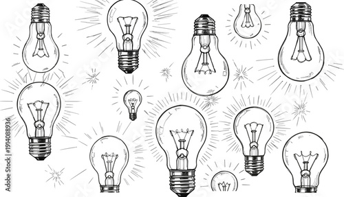 Hand-Drawn Light Bulb Vector Set – Creative Idea Icons Featuring Vintage Filament Designs for Innovation, Inspiration, and Artistic Design Projects