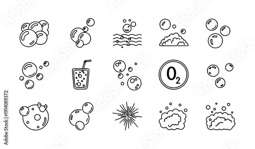 Bubble Outline Icon Set Soap Foam Fizzy Carbonation Oxygen Flat Line Vector Illustration