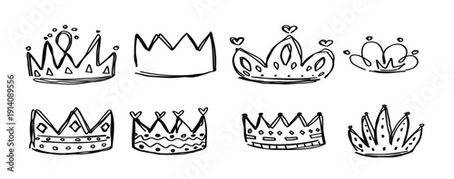 doodle crowns line diamonds sketch set cute isolated
