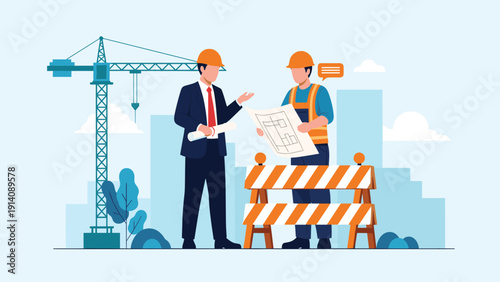 Architect in a suit and an engineer in a safety vest discussing construction blueprints at a building site with a crane in the background.