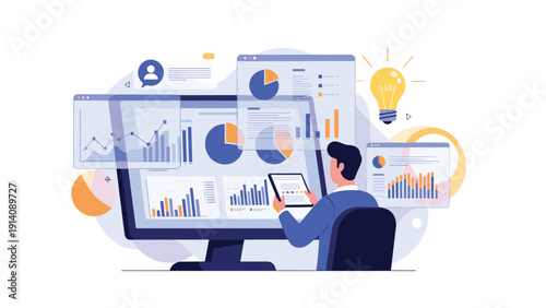 Professional data analyst sitting at a desk analyzing multiple financial dashboards and growth charts on a large monitor with a lightbulb icon.