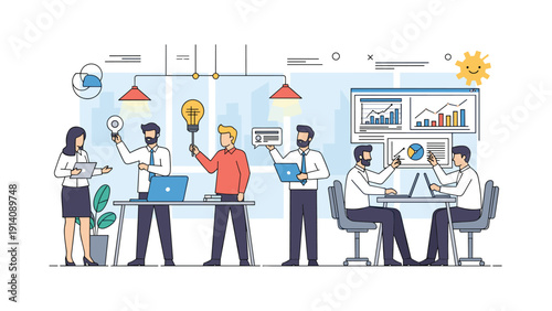 Collaborative team working in a modern office with some members brainstorming ideas using lightbulbs while others analyze data on laptops.
