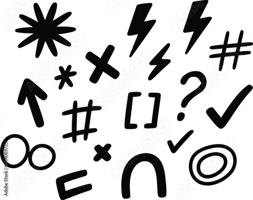 A versatile black and white vector illustration featuring a diverse collection of hand-drawn doodle symbols, perfect for adding expressive graphic elements and artistic flair to various designs