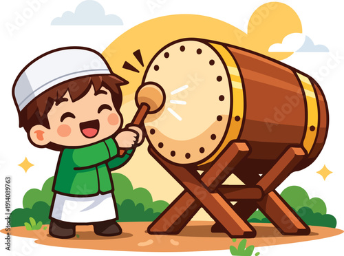 Muslim Boy Playing Bedug Drum at Mosque for Ramadan Celebration. A joyful little boy enthusiastically plays a large drum outdoors, exuding happiness and energy in a vibrant cartoon scene. 