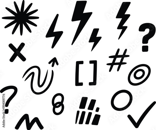 Clean, hand-drawn vector doodle graphic elements set, featuring abstract symbols like lightning bolts, question marks, arrows, and checkmarks for modern design communication