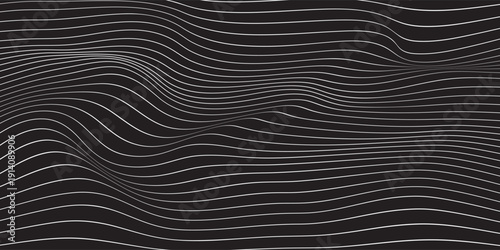 Abstract rippled or white lines pattern with wavy vibrant facture on black background and texture. Vector illustration