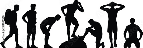 Seven black silhouettes of men show various active and resting poses for outdoor pursuits