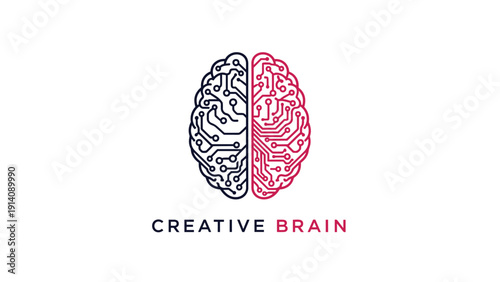 Creative brain logo design featuring a brain silhouette split into two colors and filled with detailed circuit board lines on a white background.