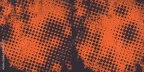 Orange and black grunge urban background with dry rough texture and halftones pattern. Hand drawn punk vector retro banner. Overlay texture stamps with vintage grunge modern