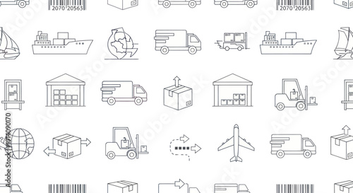 Seamless pattern of logistics and transportation line icons