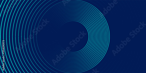 Blue abstract background with glowing circles. Swirl circular lines pattern. Geometric spiral. Twirl element. Modern graphic design. Futuristic technology concept. Vector illustration