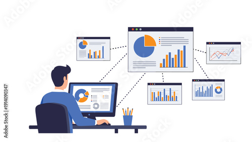 Professional man sitting at his computer monitor analyzing multiple interconnected data windows displaying various financial charts and graphs.