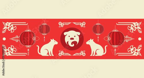 Chinese New Year celebration with pig and cats and lanterns