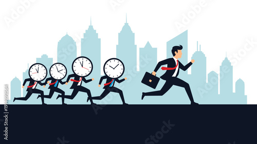 Businessman with a briefcase running fast in front of a group of people with clock heads against a city skyline background symbolizing haste.