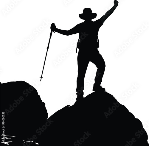 Hiker reaching mountain summit silhouette vector illustration, adventure travel success, trekking achievement, outdoor exploration, freedom motivation, hiking victory concept