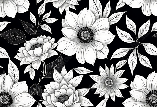 Wallpaper Mural Elegant white anemone flowers seamless pattern on black background minimalist botanical wallpaper texture Torontodigital.ca