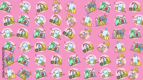 Many money bags, phone screens, and graph illustrations scattered, suitable for finance and technology concepts. Ideal for presentations and websites.