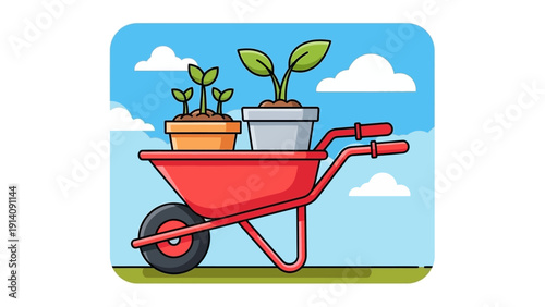 Red Wheelbarrow with Potted Seedlings.