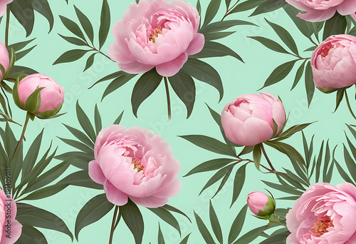 Wallpaper Mural Pink peony flowers blooming in soft natural light with green leaves background for elegant spring decoration Torontodigital.ca