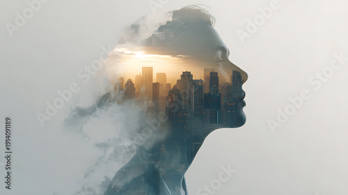 A woman silhouette contemplating a cityscape overlaid within her profile
