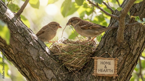 Two birds building nest in tree with home sign
