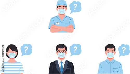 Masked people with question marks vector illustration, healthcare worker and citizens wearing face masks, uncertainty, pandemic awareness, health protection concept