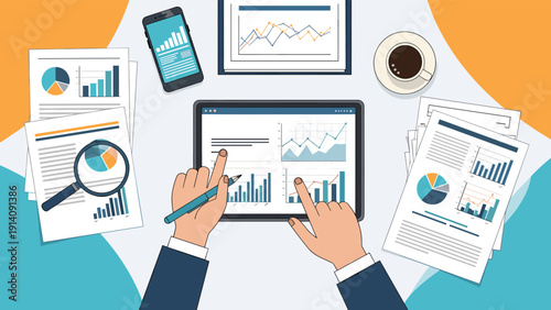 Top view of professional hands using a pen and tablet to analyze financial reports and charts on a desk with paperwork and coffee.