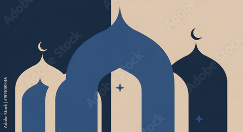 Serene depiction of Islamic architectural domes and crescent moons, artfully balanced with contrasting colors, creating a peaceful and spiritual design for cultural or decorative purposes