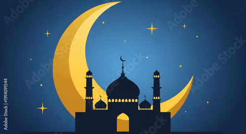 Enchanting night sky illustration over a mosque silhouette, featuring a radiant golden crescent moon and twinkling stars, perfect for Islamic celebration themes