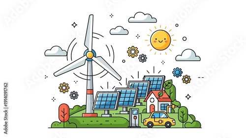 Renewable Energy Sources Cartoon Illustration.