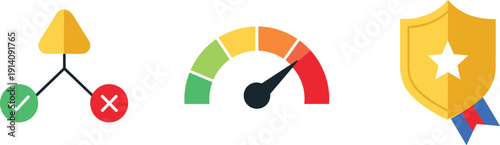Risk assessment security icons vector illustration, decision tree approval reject, performance speedometer gauge, protection shield safety concept set