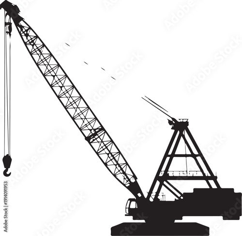 Black and white of a large crane with extended arm