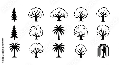 Collection of various tree silhouettes for design projects