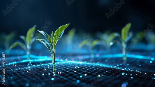Green seedlings growing from digital data grid representing sustainable technology and smart agriculture