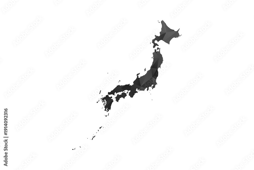 Fototapeta premium Japan Map - Polygon Style Vector Illustration in Black and Gray Gradient, Low Poly Geometric Design, Isolated on White Background for Infographics and Education.