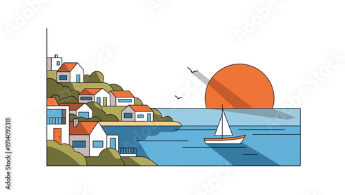 Sailboat Sailing Near Coastal Village Houses Sunset.