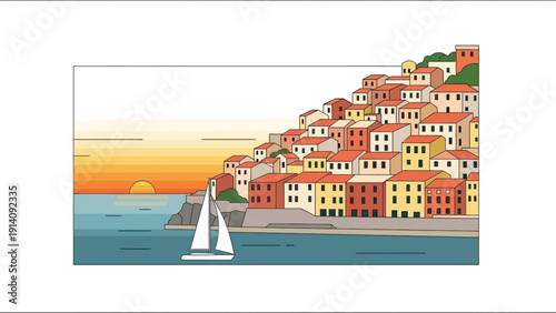 Sailboat Sailing Near Colorful Coastal Town Houses.