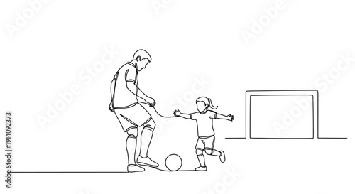 Father and Son Playing Football Together in Simple Line Art.