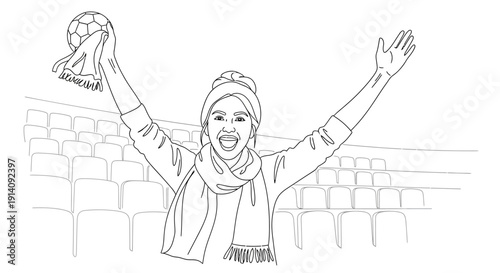 Woman Celebrating Victory in a Stadium with a Scarf and Hat.