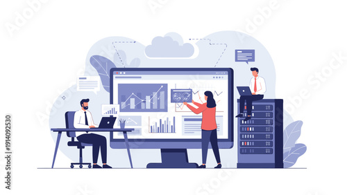 Data analysts working together on large screen display with complex financial charts and server storage in a modern office environment.