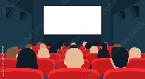 Cinema Theater Audience Watching Blank Movie Screen Flat Vector Illustration