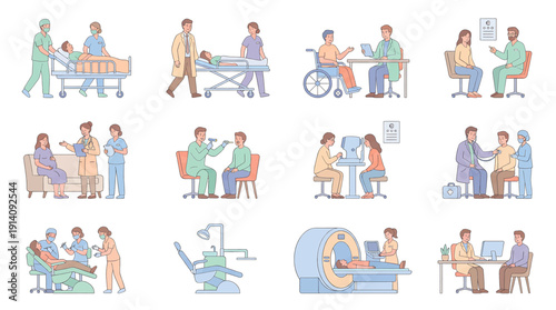 Healthcare Medical Flat Vector Illustration Set – Doctor, Patient, Hospital Scenes