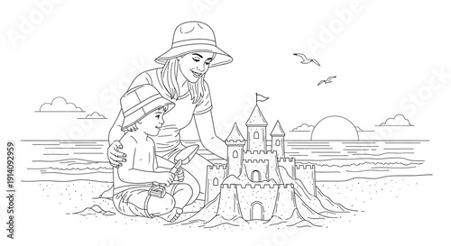 Child building sandcastle on the beach with bucket and spade.