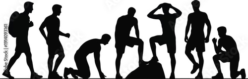 Seven men silhouettes portray various active poses like walking, kneeling, and stepping onto a rock