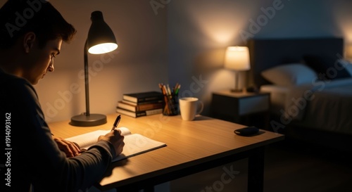 Wallpaper Mural Focused late night study session at home desk Torontodigital.ca