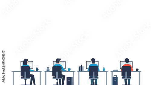 Office employees working at their individual computer workstations in a row representing a collaborative yet focused corporate environment.