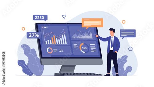 Business consultant presenting performance metrics and growth statistics on a large computer monitor with interactive data visualizations.