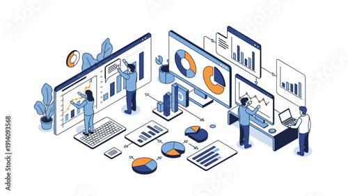 Isometric illustration of a collaborative data center with professional analysts working on various large screens and interactive dashboards.