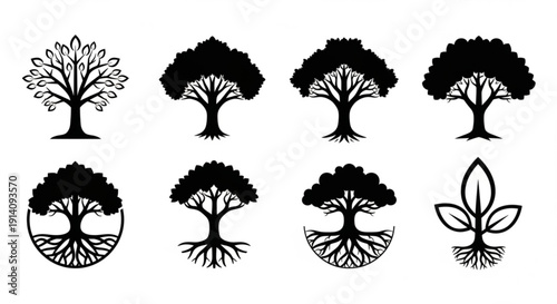 Set of modern tree silhouettes for eco friendly designs